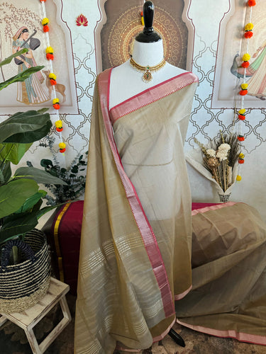 Handwoven Mangalgiri Cotton Saree | Light Brown | Gold & Silver Zari | Handwoven | Ships from California